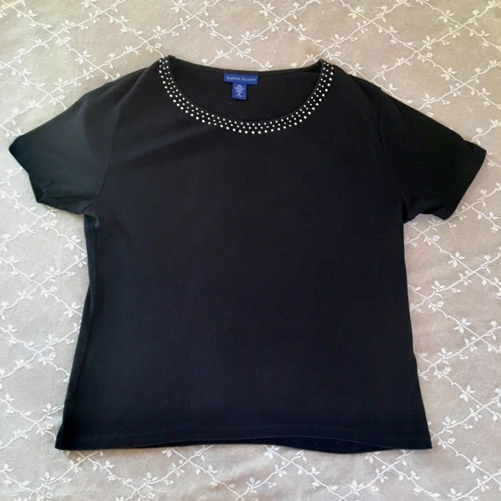 Karen Scott Black Studded Neckline Tee Shirt